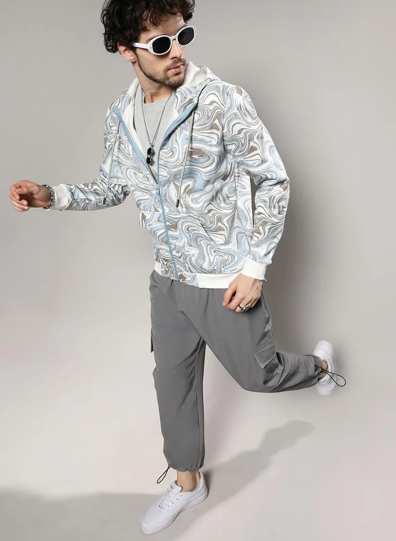 Campus Sutra Men's Icy Blue & Olive Green Contrast Fluid Zip Front Hoodie