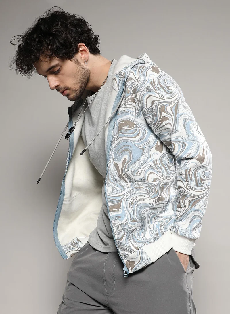 Campus Sutra Men's Icy Blue & Olive Green Contrast Fluid Zip Front Hoodie