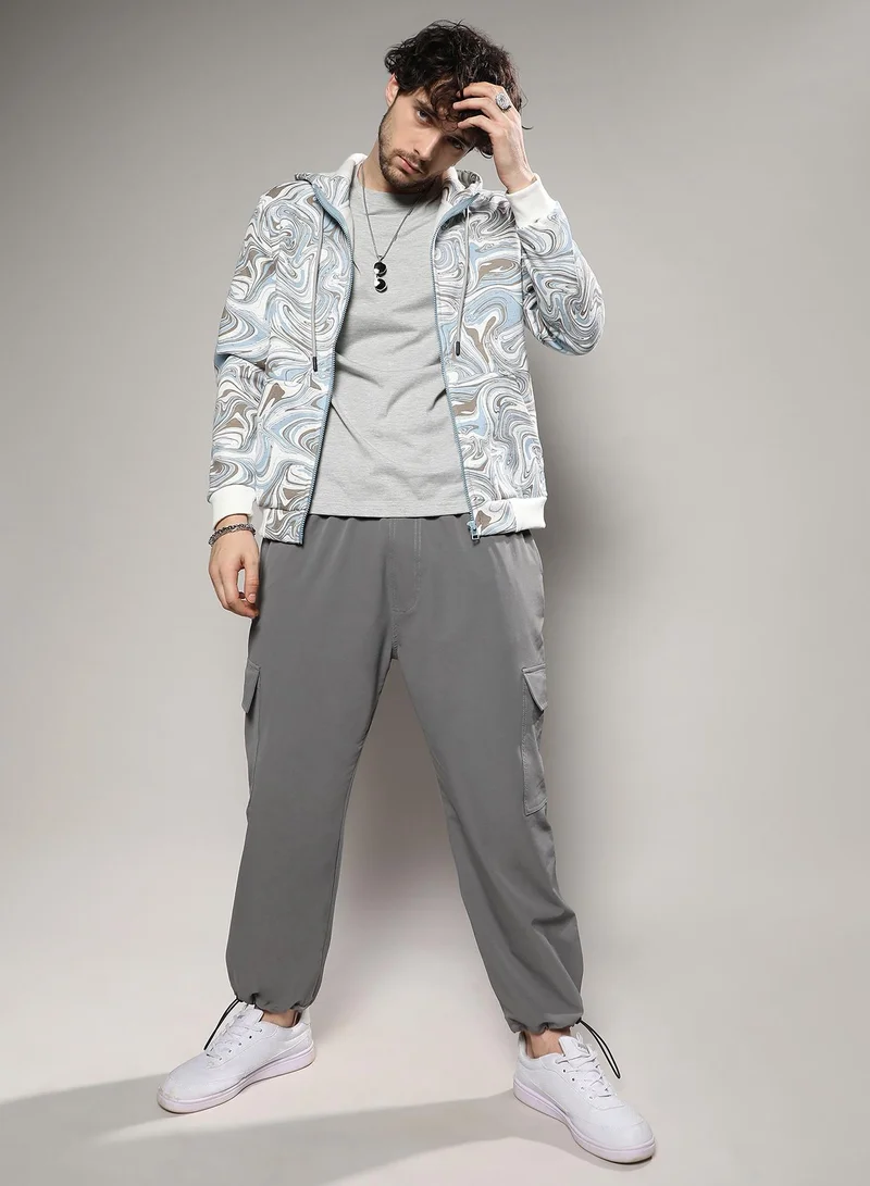 Campus Sutra Men's Icy Blue & Olive Green Contrast Fluid Zip Front Hoodie