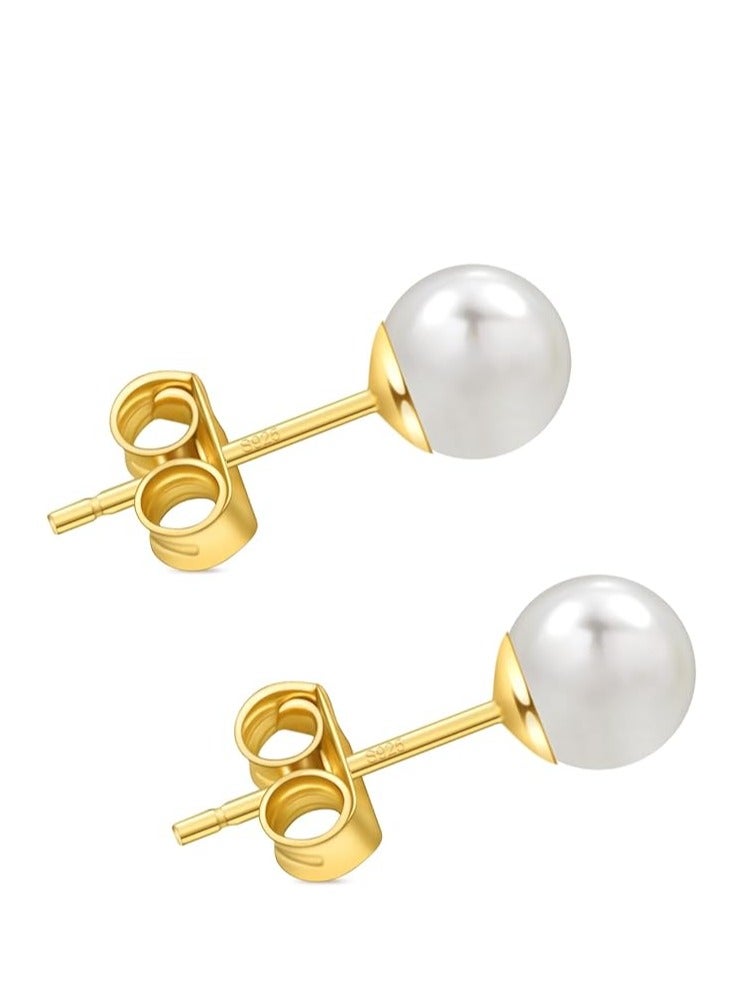Hain 7MM Freshwater Pearl Stud Earrings for Women, Hypoallergenic 18K Gold Vermeil Earrings Studs with Genuine Round White Pearls - Image 1