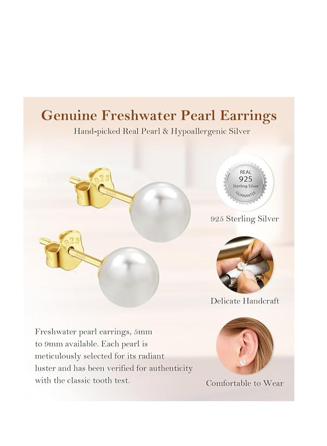 Hain 7MM Freshwater Pearl Stud Earrings for Women, Hypoallergenic 18K Gold Vermeil Earrings Studs with Genuine Round White Pearls - Image 5