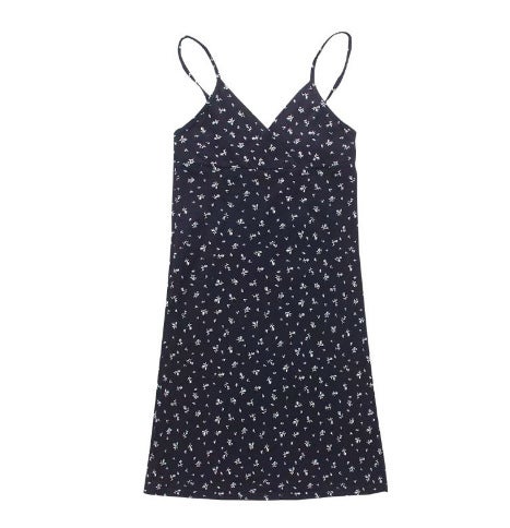 European and American pure desire retro printed V-neck sling dress womens summer 2024 New floral suspender dress womens foreign trade Skirt 8-black flower 