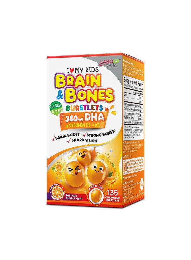 LABO Nutrition I My Kids Brain & Bones Chewable Burstlet, Gluten Free, for Stronger Bones & Behavioral Management, 76% Ultra-Concentrated rTG Form Omega 3 DHA Fish Oil, Vitamin D3 & K2, Orange - Image 1