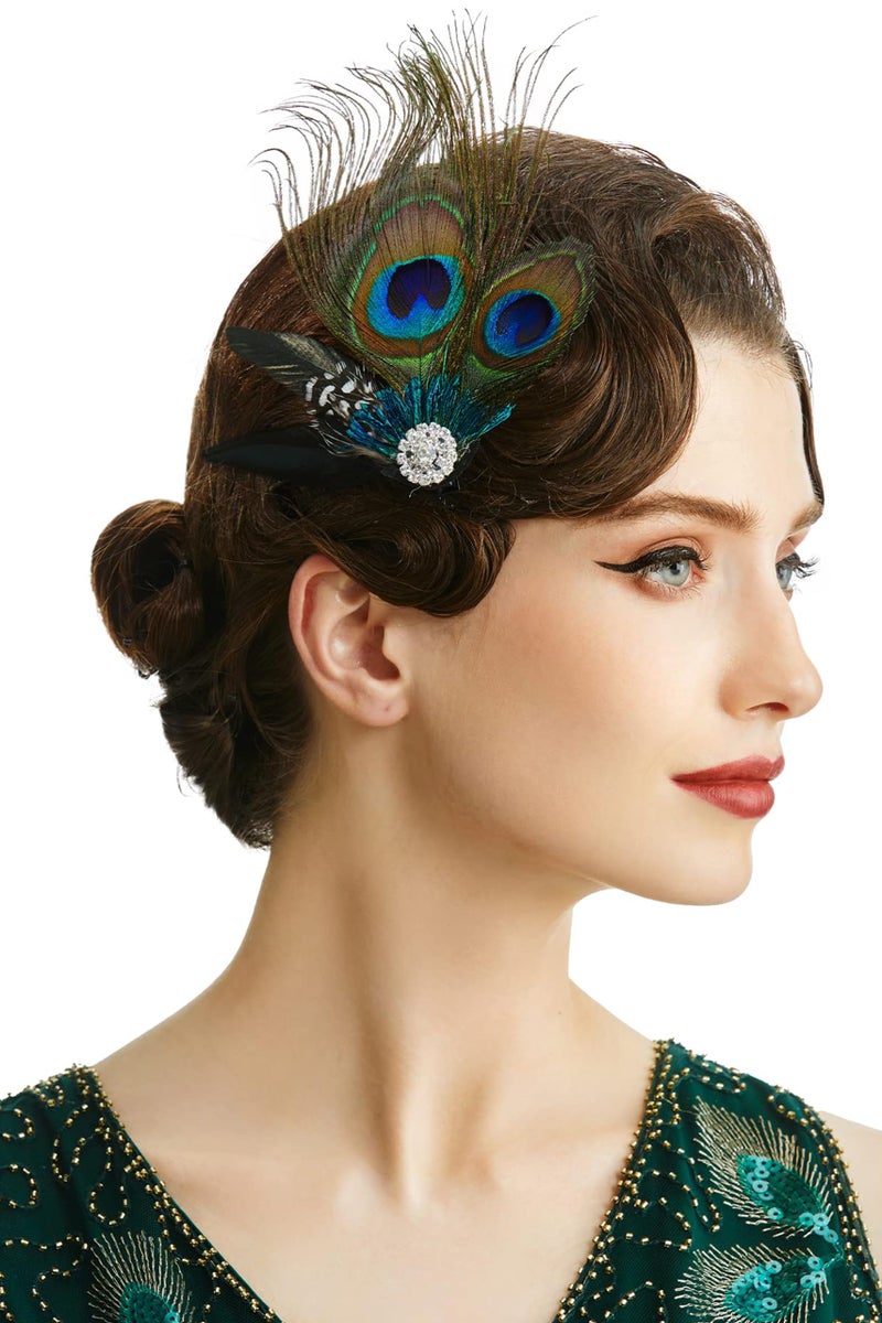 BABEYOND Hair Clip Peacock Feather with Rhinestones 1920s Peacock Flapper Fascinator One Size Fits Most Accessories for Women Style 1