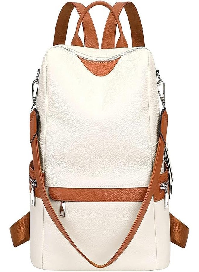 Fabcraft Women’s Leather Backpack Purse Stylish Fashion Shoulder Bag Lightweight Durable Multipurpose Daypack for Travel College Office Shopping Casual Outings with Anti-Theft Pocket (White & Brown) - Image 1