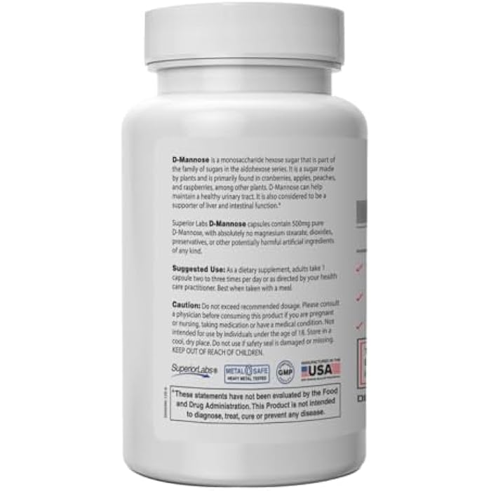 Superior Labs D-Mannose 500 mg, Pure Non-GMO Optimal Absorption Prebiotic, Urinary Tract, Bladder & Kidney UTI Support, Digestive & Liver Health Aid, IC Relief for Women & Men, 120 Veg Caps - Image 2