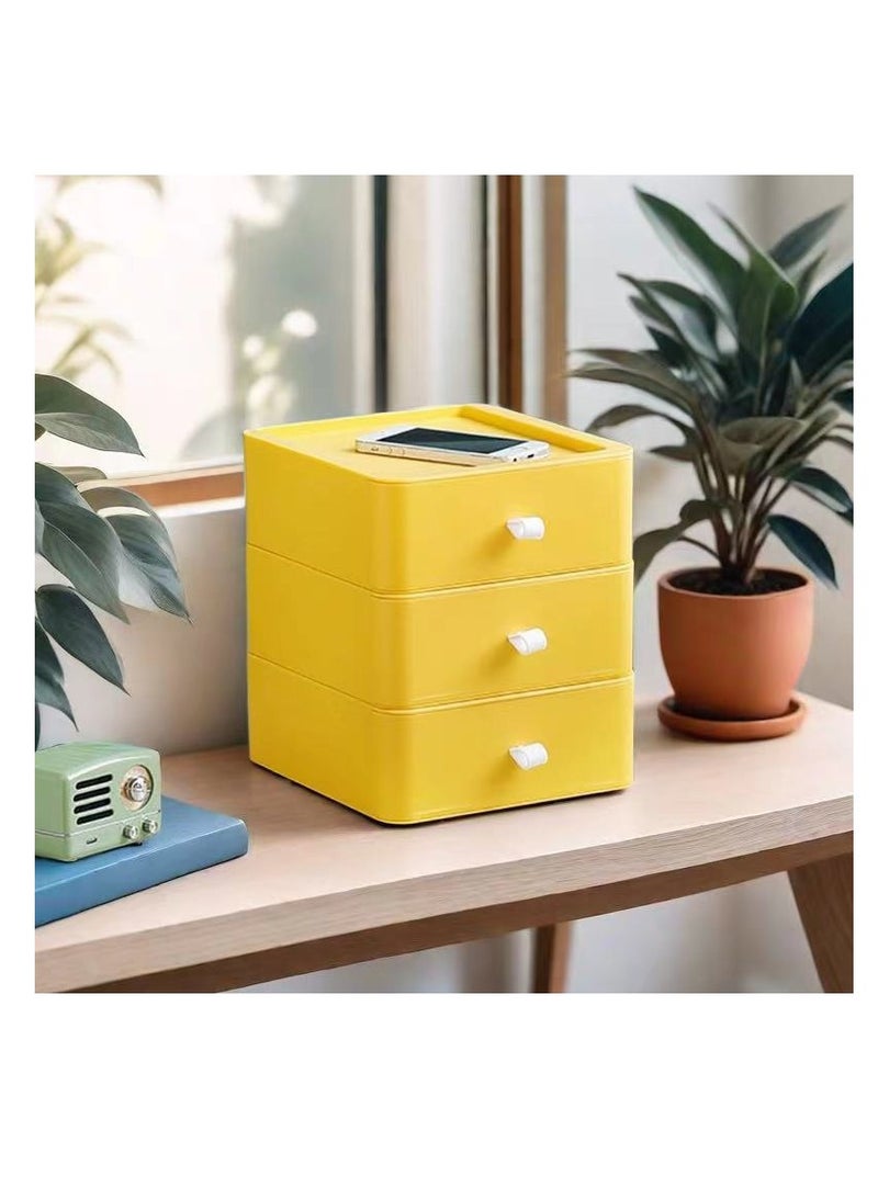 3pcs Desktop Drawer Organizer Drawer Storage Box Stackable Desktop Storage Box with Drawers for Office Home Bathroom Countertop Organization (Yellow)