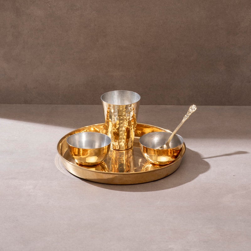P-TAL Brass Dinner Thali Set, 5 Pieces: 1 Brass thaali (11"), 2 Brass Katoris or Bowls 1 Brass Glass, 1 Brass Spoon - Image 1