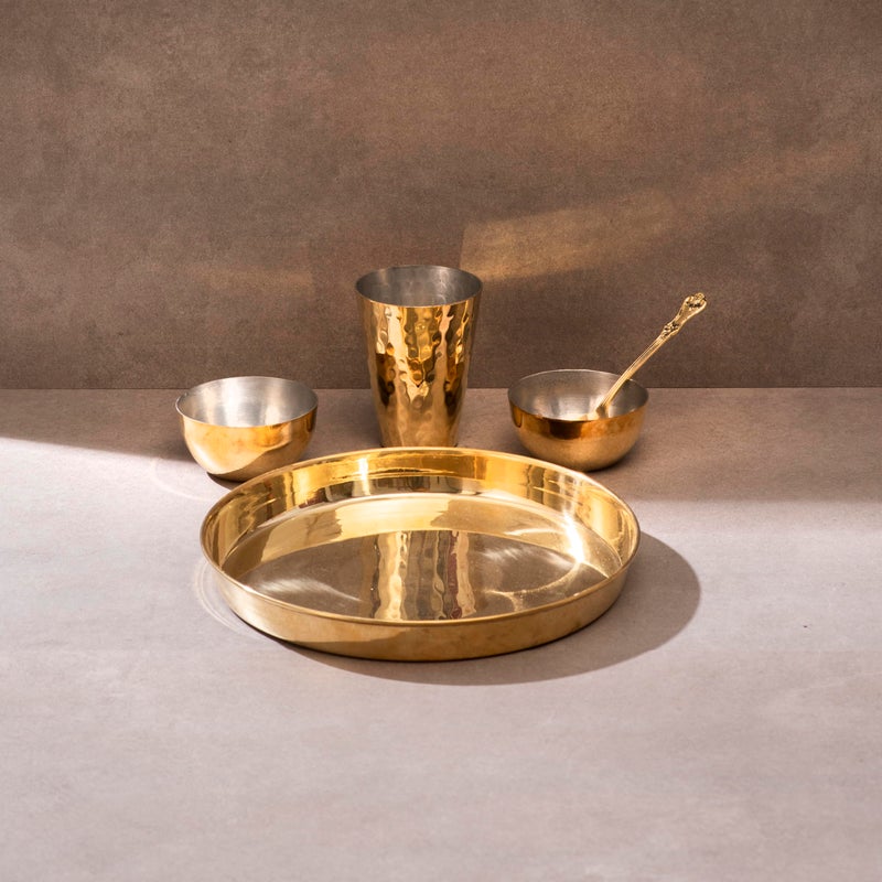 P-TAL Brass Dinner Thali Set, 5 Pieces: 1 Brass thaali (11"), 2 Brass Katoris or Bowls 1 Brass Glass, 1 Brass Spoon - Image 5