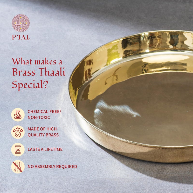 P-TAL Brass Dinner Thali Set, 5 Pieces: 1 Brass thaali (11"), 2 Brass Katoris or Bowls 1 Brass Glass, 1 Brass Spoon - Image 2