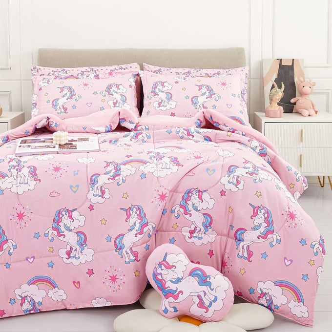KIDS TWIN COMFORTER SETS FOR GIRLS 6 PIECES PINK UNICORN BEDDING SET FOR TEENS SOFT MICROFIBER KIDS BED IN A BAG WITH COMFORTER SHEET SET SHAMS AND DECORATIVE TOY PILLOW ALL SEASON