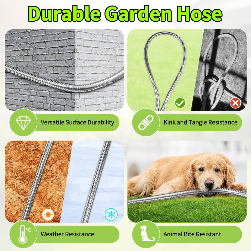 GOXAWEE Garden Hose 50FT, Stainless Steel Heavy Duty Water Hose With 10 Function Nozzle, No-Kink, Tough & Flexible, Sturdy and Lightweight, Rust Proof for Yard, Outdoor, RV - Image 5