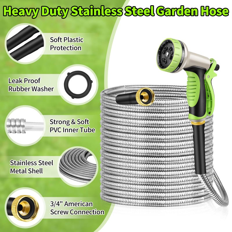 GOXAWEE Garden Hose 50FT, Stainless Steel Heavy Duty Water Hose With 10 Function Nozzle, No-Kink, Tough & Flexible, Sturdy and Lightweight, Rust Proof for Yard, Outdoor, RV - Image 2