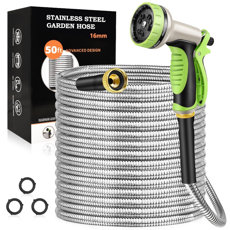 GOXAWEE Garden Hose 50FT, Stainless Steel Heavy Duty Water Hose With 10 Function Nozzle, No-Kink, Tough & Flexible, Sturdy and Lightweight, Rust Proof for Yard, Outdoor, RV - Image 1