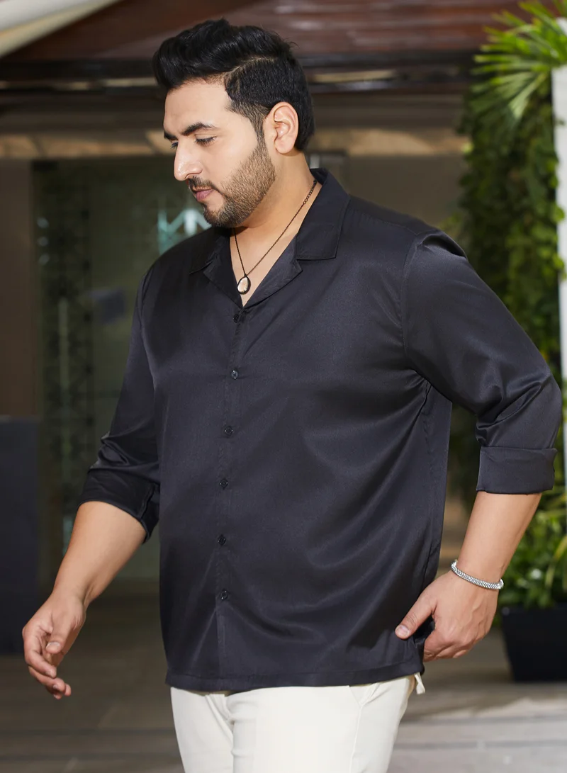 Instafab Plus Instafab Plus Men's Onyx Black Solid Cuban Shirt For Casual Wear | Cuban Collar | Long Cuffed Sleeves | Button Closure | Plus Size Shirt Crafted With Comfort Fit For Everyday Wear