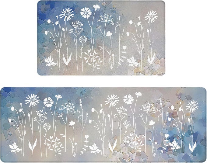 BLUE GRADIENT FLORAL KITCHEN MAT NONSLIP WATERPROOF CUSHIONED KITCHEN FLOOR MAT FOR SINK STOVE COUNTER 17X4717X29