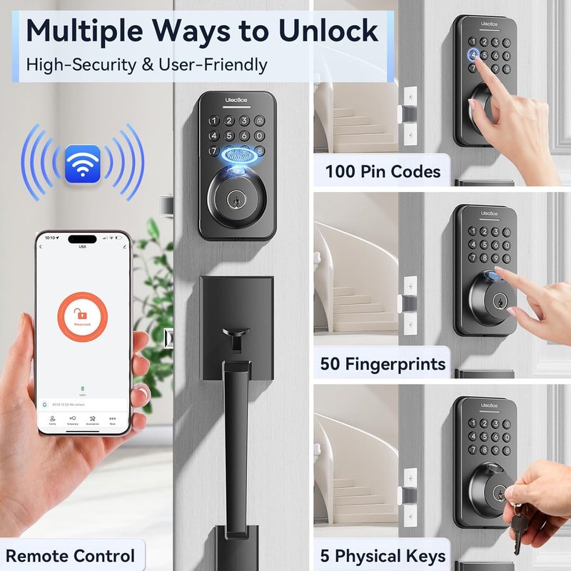Ulecoce Smart Fingerprint Door Locks for Front Door, Built-in WiFi Keyless Entry Deadbolt with Handle Set, App Control, 5 Keys, One-Time Codes, Auto Lock, Easy Installation for Home Security - Image 2