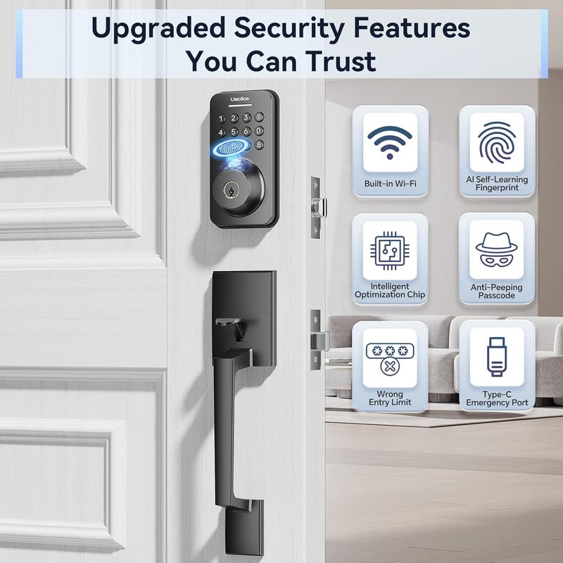 Ulecoce Smart Fingerprint Door Locks for Front Door, Built-in WiFi Keyless Entry Deadbolt with Handle Set, App Control, 5 Keys, One-Time Codes, Auto Lock, Easy Installation for Home Security - Image 4