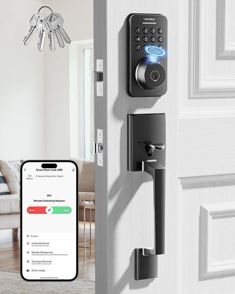 Ulecoce Smart Fingerprint Door Locks for Front Door, Built-in WiFi Keyless Entry Deadbolt with Handle Set, App Control, 5 Keys, One-Time Codes, Auto Lock, Easy Installation for Home Security - Image 1