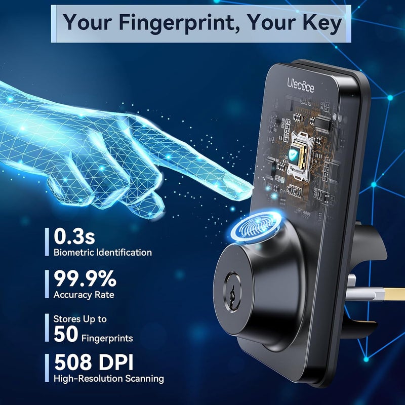 Ulecoce Smart Fingerprint Door Locks for Front Door, Built-in WiFi Keyless Entry Deadbolt with Handle Set, App Control, 5 Keys, One-Time Codes, Auto Lock, Easy Installation for Home Security - Image 3
