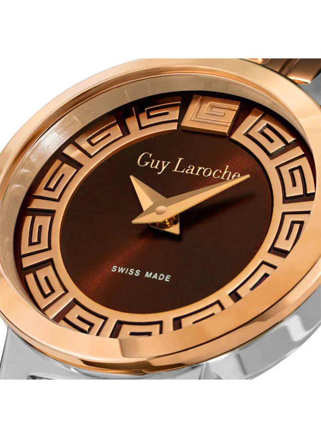 Guy Laroche Ariane 25mm Ladies Swiss Quartz Watch with Brown Swirl Sunray Dial, Dual-Toned Rose Gold Stainless Steel Bracelet & Sapphire Glass