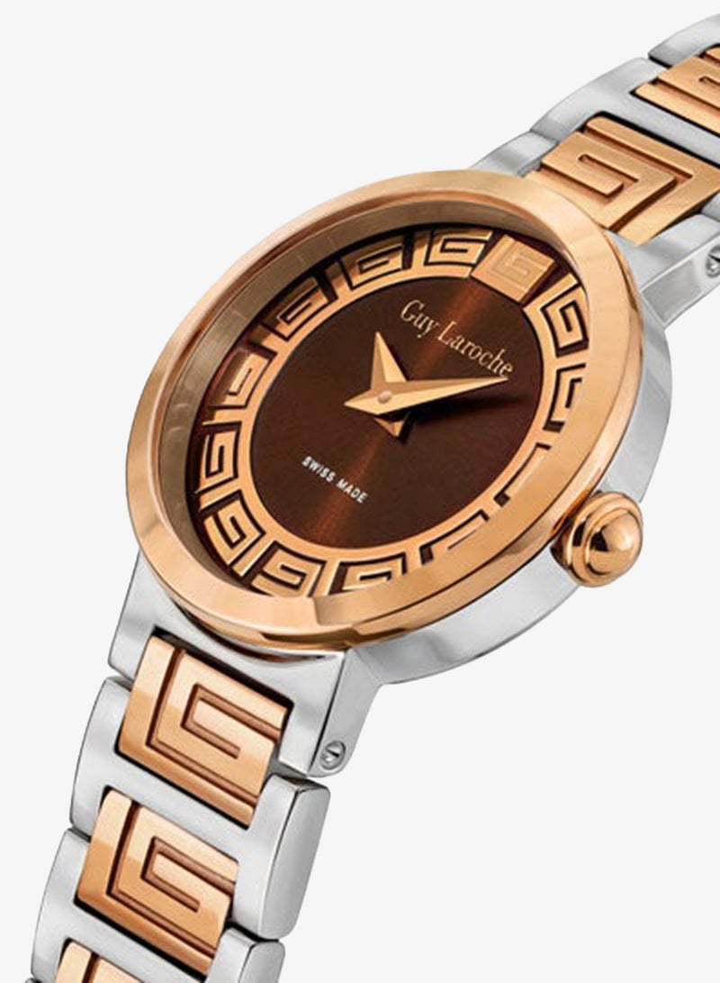 Guy Laroche Ariane 25mm Ladies Swiss Quartz Watch with Brown Swirl Sunray Dial, Dual-Toned Rose Gold Stainless Steel Bracelet & Sapphire Glass - Image 2