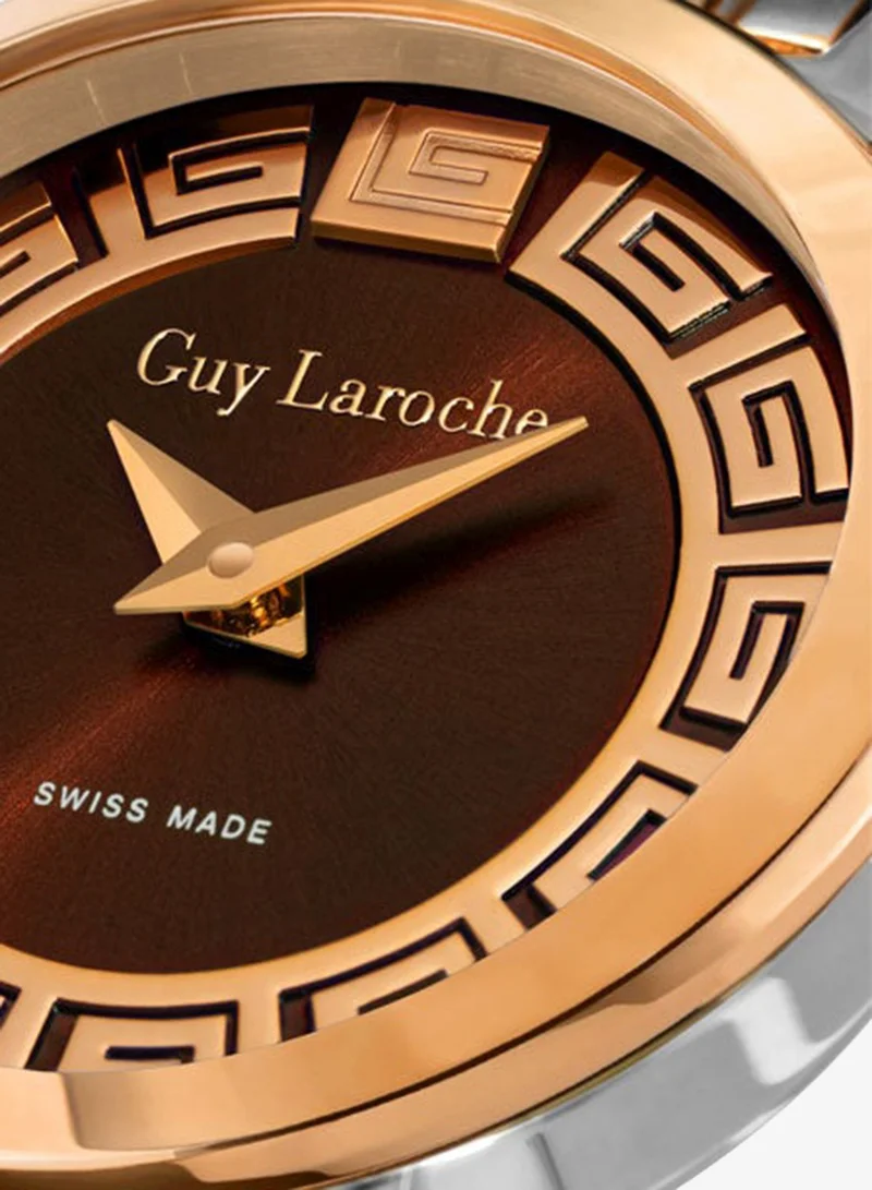 Guy Laroche Silver / Rose Gold Plated Ariane 25mm Ladies Swiss Quartz Watch with Brown Swirl Sunray Dial, Dual-Toned Rose Gold Stainless Steel Bracelet & Sapphire Glass for Women | Best Price UAE