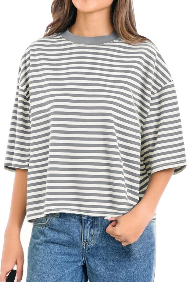 CHYRII Womens Oversized Striped T Shirts Short Sleeve Casual Fashion 2026 Crewneck Loose Fit Summer Y2K Tops (Grey L) - Image 2