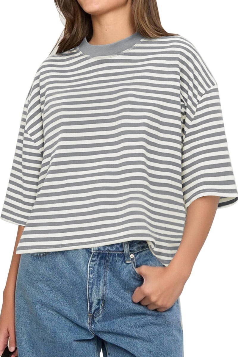 CHYRII Womens Oversized Striped T Shirts Short Sleeve Casual Fashion 2026 Crewneck Loose Fit Summer Y2K Tops (Grey L) - Image 1