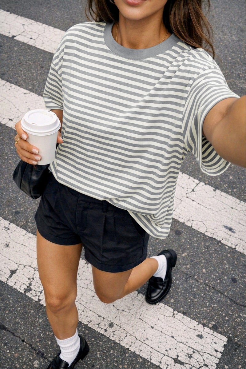 CHYRII Womens Oversized Striped T Shirts Short Sleeve Casual Fashion 2026 Crewneck Loose Fit Summer Y2K Tops (Grey L) - Image 3
