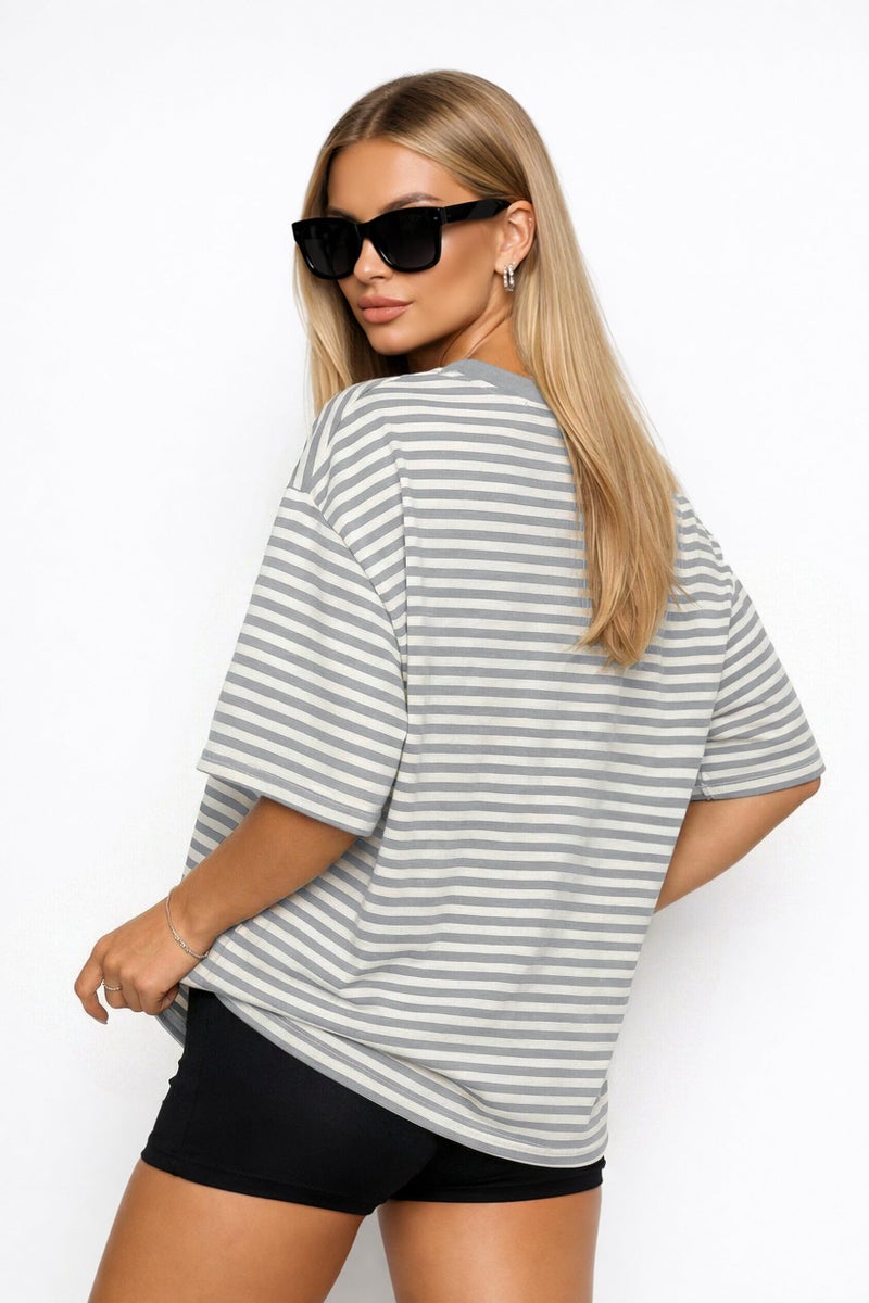 CHYRII Womens Oversized Striped T Shirts Short Sleeve Casual Fashion 2026 Crewneck Loose Fit Summer Y2K Tops (Grey L) - Image 4