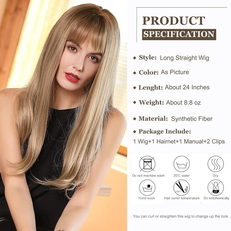 Esmee 24 Inches Charming Wig Light Gold Long Wigs for Women Middle Parting Natural Straight Heat Resistant Synthetic Wigs for White Women with Bangs - Image 2