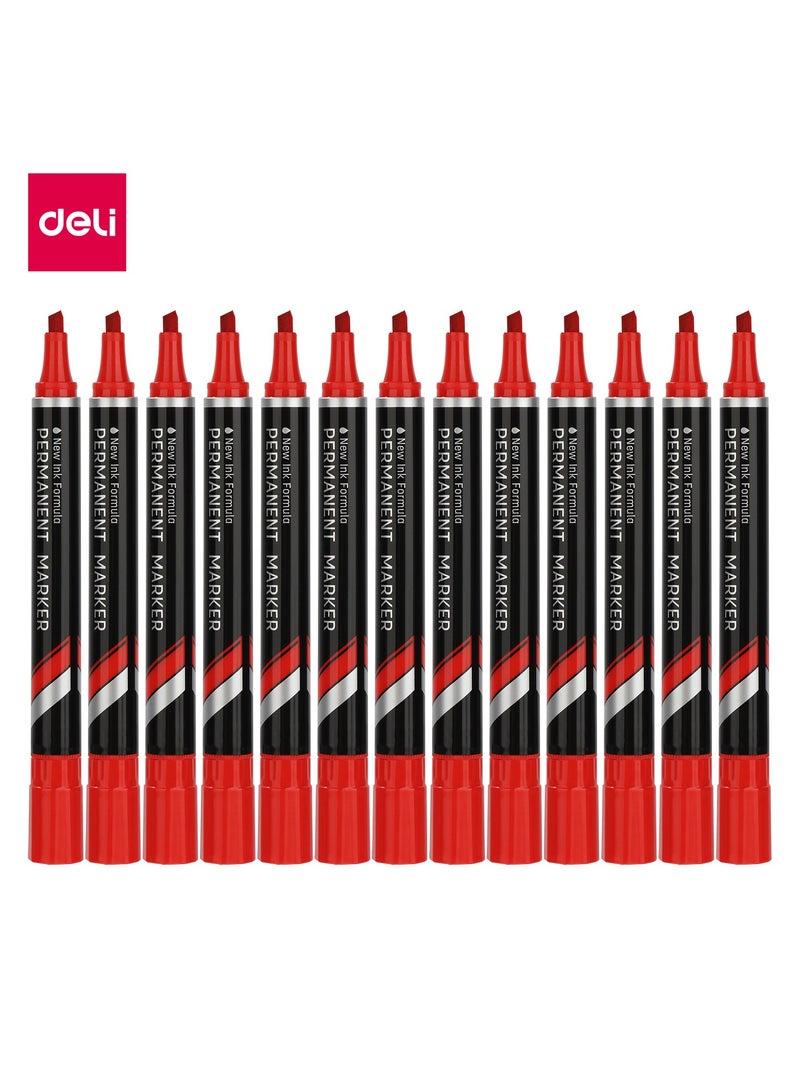 Deli 12-Piece Permanent Marker Set Red Chisel Tip 1.5-5mm - Image 1