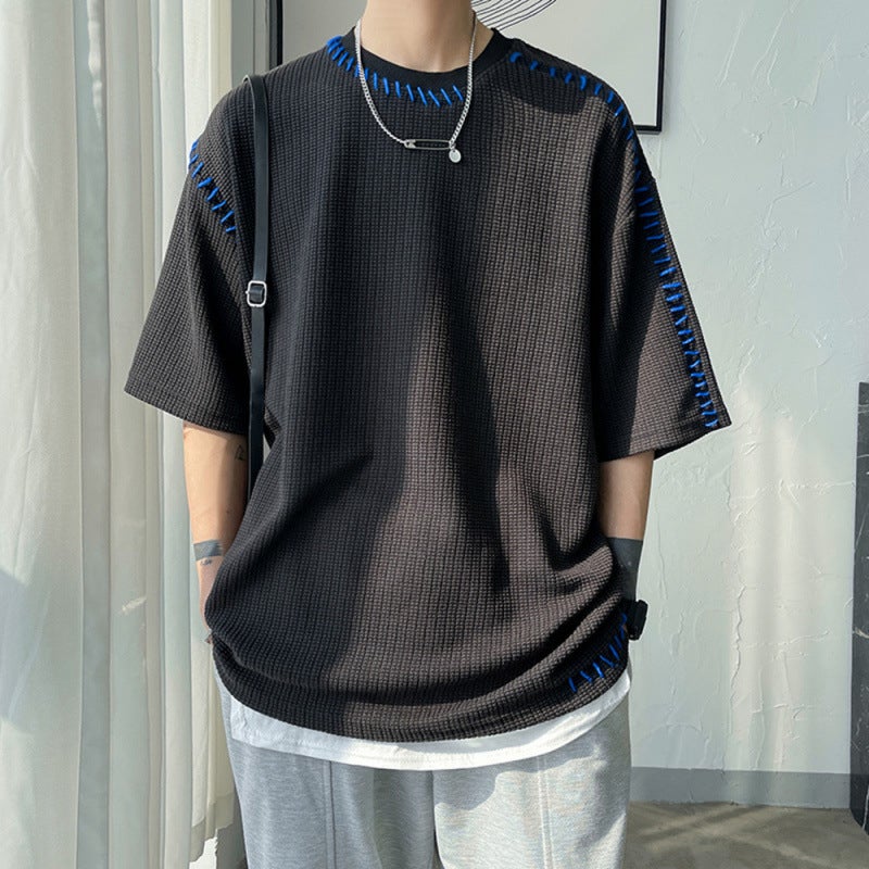 Heavyweight Short-Sleeve Men'S Designer Niche Knit Small Neckline T-Shirt Oversize High Weight Five-Point Sleeves - Image 4