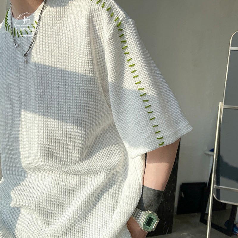 Heavyweight Short-Sleeve Men'S Designer Niche Knit Small Neckline T-Shirt Oversize High Weight Five-Point Sleeves - Image 1