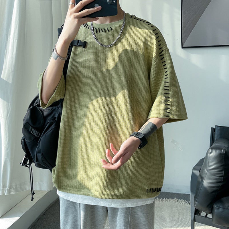 Heavyweight Short-Sleeve Men'S Designer Niche Knit Small Neckline T-Shirt Oversize High Weight Five-Point Sleeves - Image 3