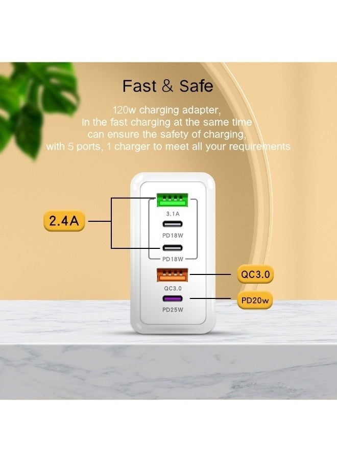VANDER LIFE - 120W Multifunctional 5-Port Type-C Charger - Wall USB C PD Charger with Quick Charge 3.0 Charging Station Compatible with iPhone Pixel Samsung Huawei iPad Tablets and more 3PD+2USB - Image 1