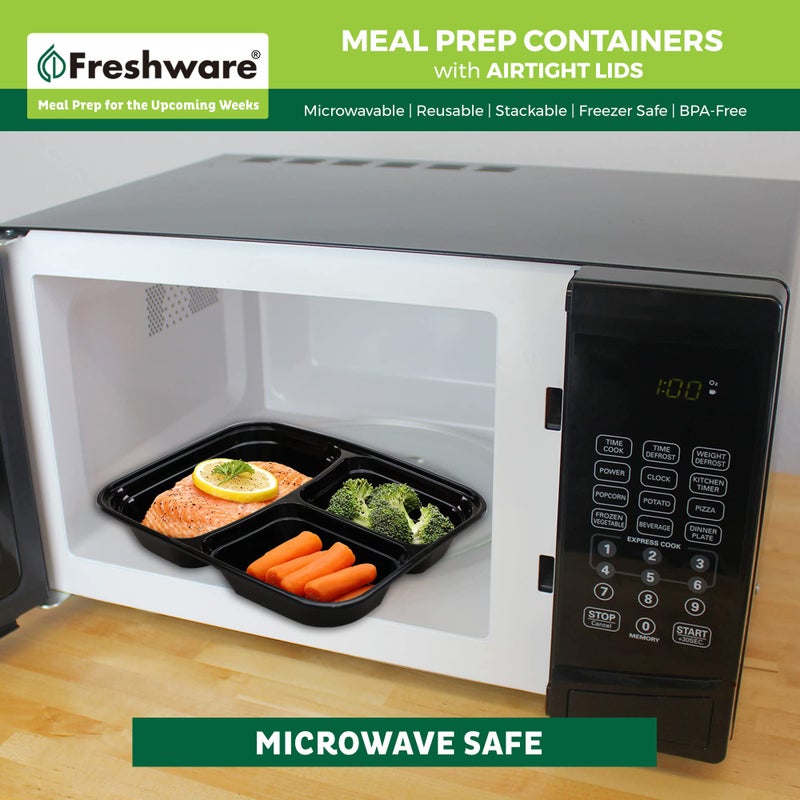 Freshware Meal Prep Containers [50 Pack] 3 Compartment Food Storage Containers with Lids, Bento Box, BPA Free, Stackable, Microwave/Dishwasher/Freezer Safe (24 oz) - Image 3