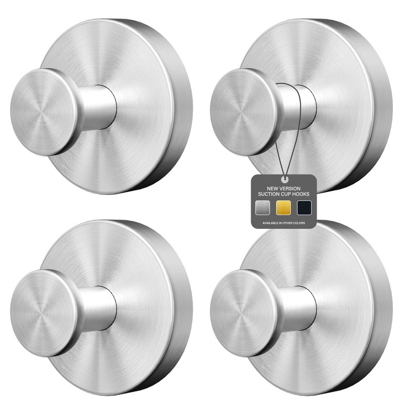 Ninth Five Shower Suction Cup Hooks, Heavy Duty Bathroom Wall Hooks for Towels, Robes, Loofahs, Removable Metal Hook for Tile Glass Mirror, No Drill(4 Pack, Silver) - Image 1