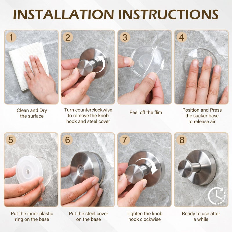 Ninth Five Shower Suction Cup Hooks, Heavy Duty Bathroom Wall Hooks for Towels, Robes, Loofahs, Removable Metal Hook for Tile Glass Mirror, No Drill(4 Pack, Silver) - Image 5