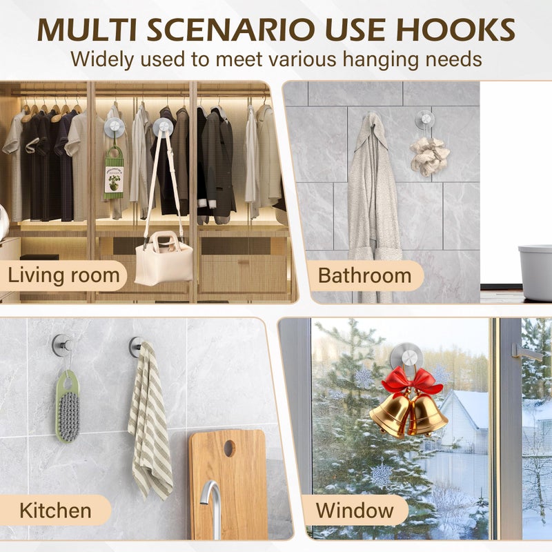 Ninth Five Shower Suction Cup Hooks, Heavy Duty Bathroom Wall Hooks for Towels, Robes, Loofahs, Removable Metal Hook for Tile Glass Mirror, No Drill(4 Pack, Silver) - Image 4