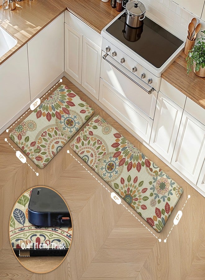 GENIMO Kitchen Mats for Floor 2PCS, Cushioned Kitchen Rugs Non Slip Washable, Farmhouse Anti Fatigue Mat Waterproof, Comfort Standing Mat Rug for Office, Home, Laundry, 17.3"x47"+17.3"x30", Beige&Red - Image 2