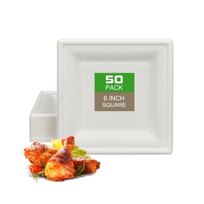 50 PACK DISPOSABLE SQUARE PAPER PLATES 100 BAGASSE NATURE COMPOSTABLE PAPER PLATES 6 INCH HEAVY DUTY SQUARE APPETIZER SUGARCANE PLATTERS FOR PARTY DINNER BIRTHDAY