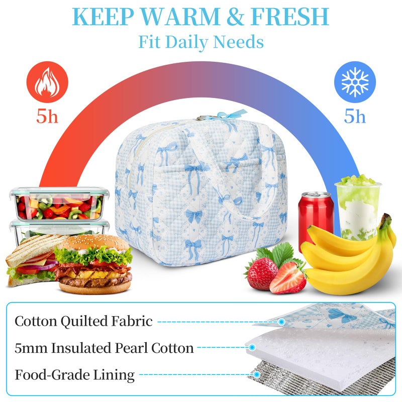 WOBAGMEN Quilted Lunch Box for Women,Lunch Box for Teen Girls,Cute Floral Lunch Bags for Work, School,Office,Picnic,Travel (Blue Bow) - Image 4