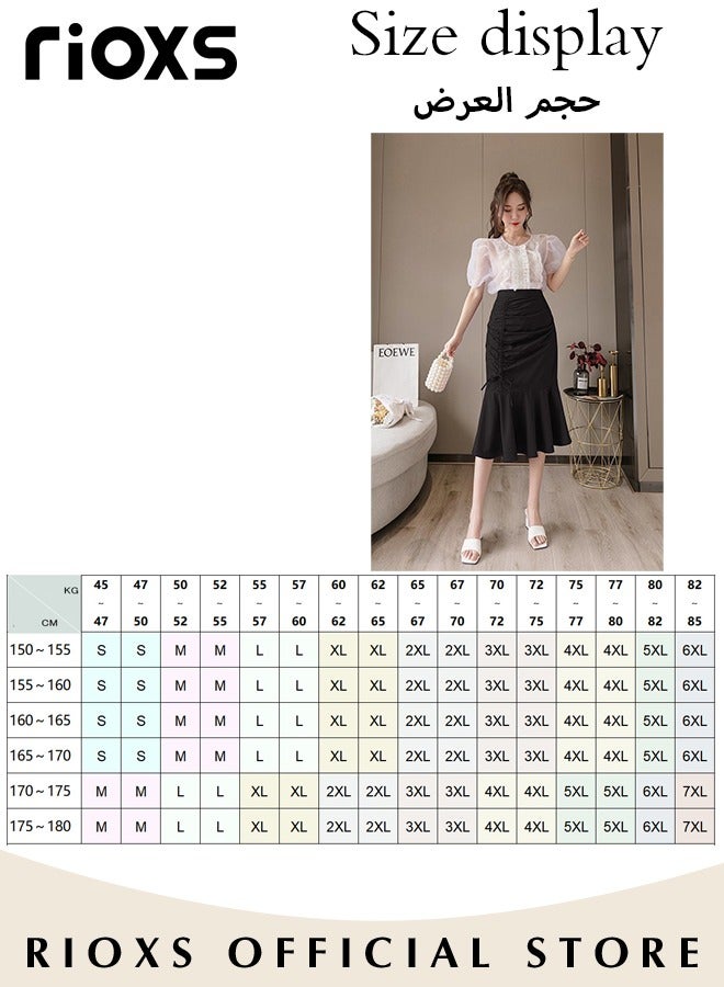 RIOXS Women's Stretch High Waist A-Line Ruffle Skirt Irregular Fishtail Mermaid Mid Length Skirt With Drawstring  - Image 5
