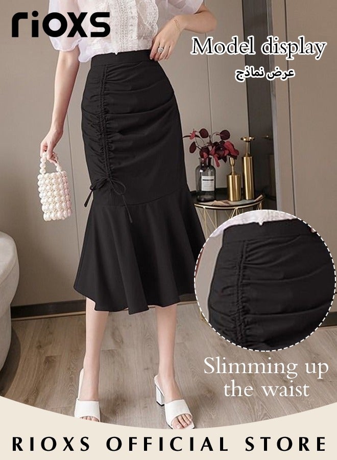 RIOXS Women's Stretch High Waist A-Line Ruffle Skirt Irregular Fishtail Mermaid Mid Length Skirt With Drawstring  - Image 4