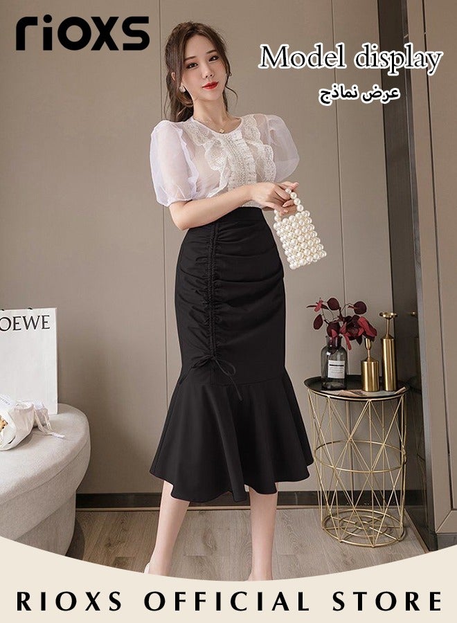 RIOXS Women's Stretch High Waist A-Line Ruffle Skirt Irregular Fishtail Mermaid Mid Length Skirt With Drawstring  - Image 2