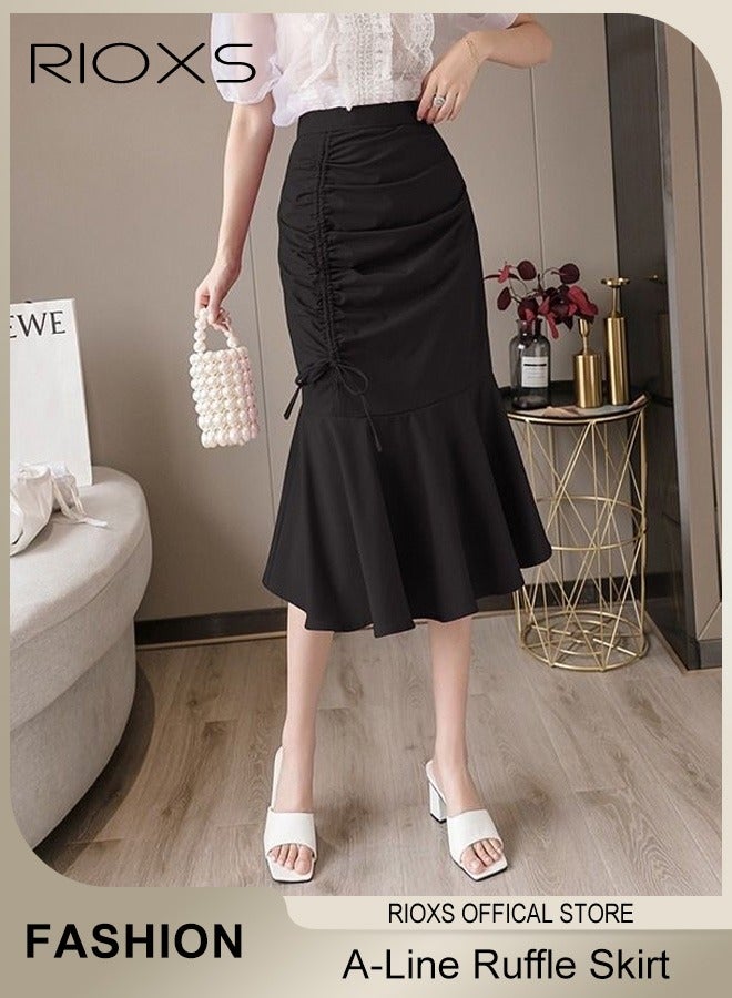 RIOXS Women's Stretch High Waist A-Line Ruffle Skirt Irregular Fishtail Mermaid Mid Length Skirt With Drawstring  - Image 1