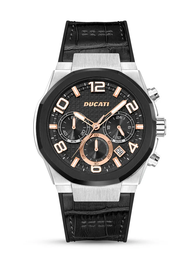 دوكاتي Ducati DT006 Gents Chronograph Watch - 43.5MM Multi-Layered Black Dial, Black Leather Strap with Silicone Base, Water Resistant up to 50M, Bold Design for Racing Enthusiasts