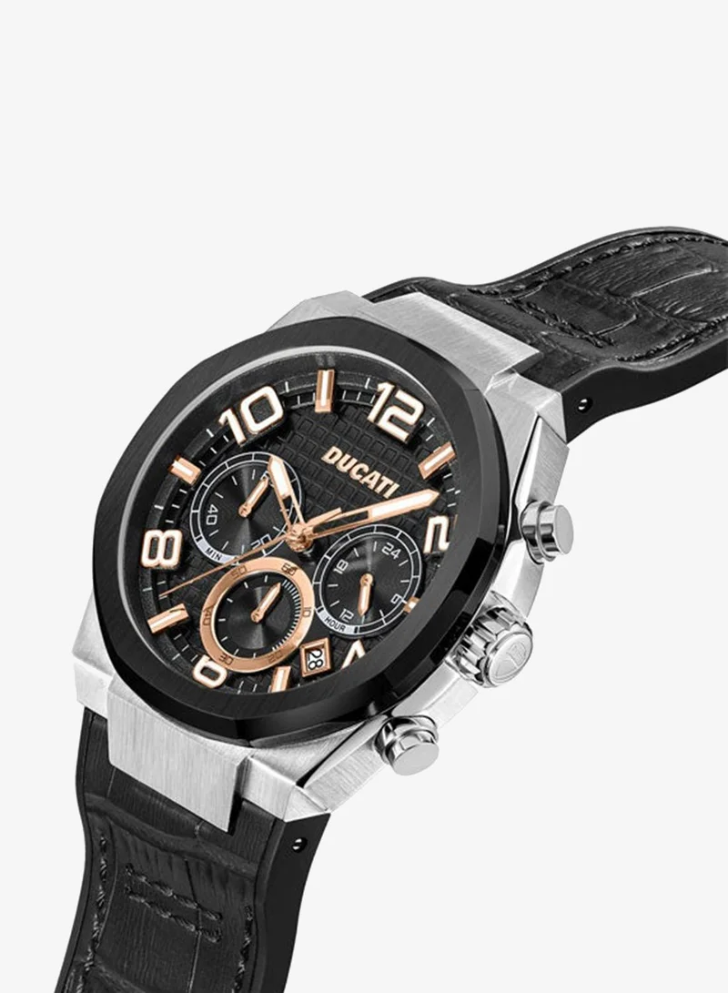 Ducati Ducati DT006 Gents Chronograph Watch - 43.5MM Multi-Layered Black Dial, Black Leather Strap with Silicone Base, Water Resistant up to 50M, Bold Design for Racing Enthusiasts